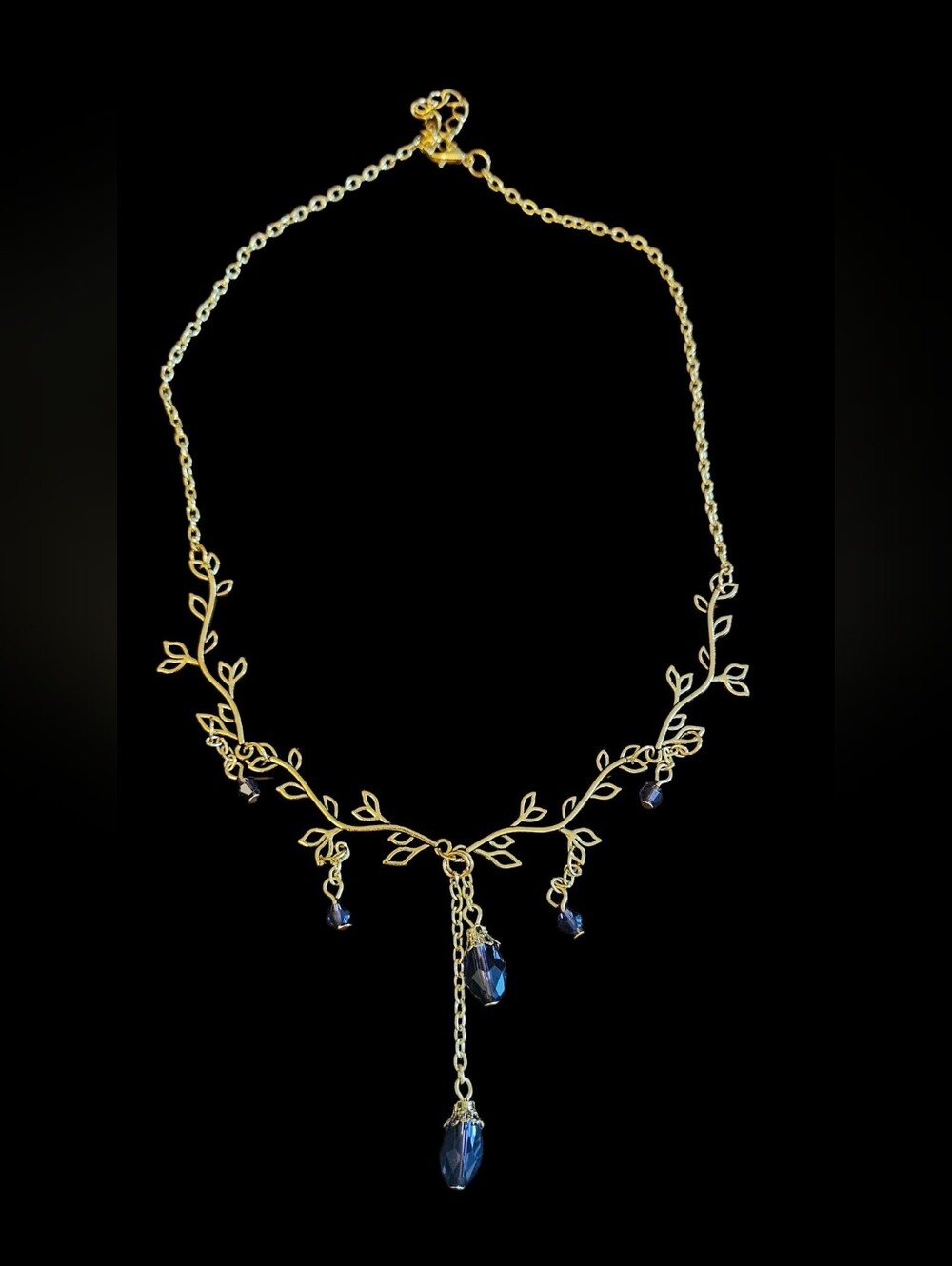 Gold Leaf Vine Necklace with Dark Purple Crystal Drops